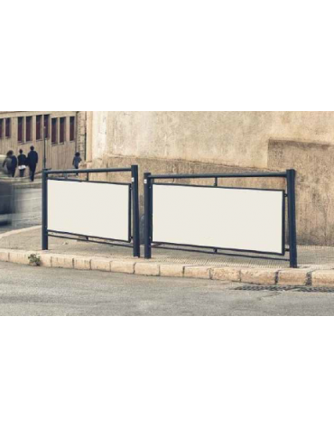 Barriera predisposta per pubblicità con due sostegni e due traversi in tubolare tondo, pannello con telaio - cm 225x142h