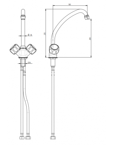 Rubinetto monoforo a lavello con canna a "U" e maniglie Rotonde - Ø canna mm 18 - mm 180x255h