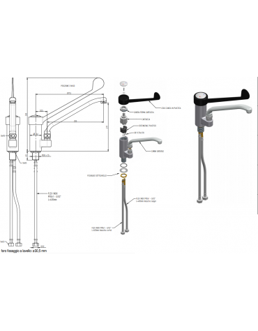 Monoforo miscelatore fuso, leva clinica in plastica nera - mm 307,5x330h