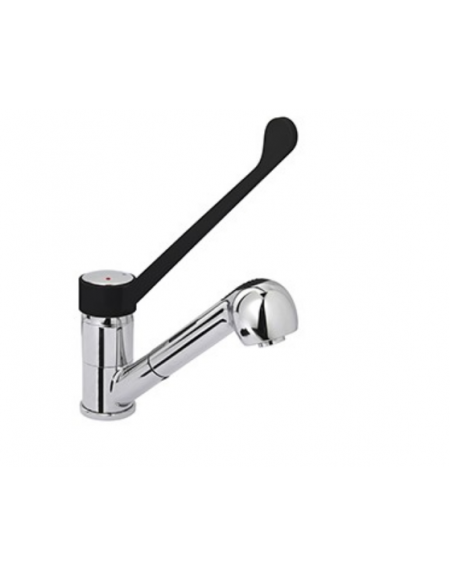Rubinetto miscelatore monoforo con canna girevole, doccetta estraibile e leva clinica in plastica nera - mm 230x310h