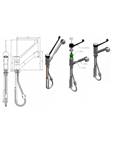 Rubinetto miscelatore monoforo con canna girevole, doccetta estraibile e leva clinica in plastica nera - mm 230x310h