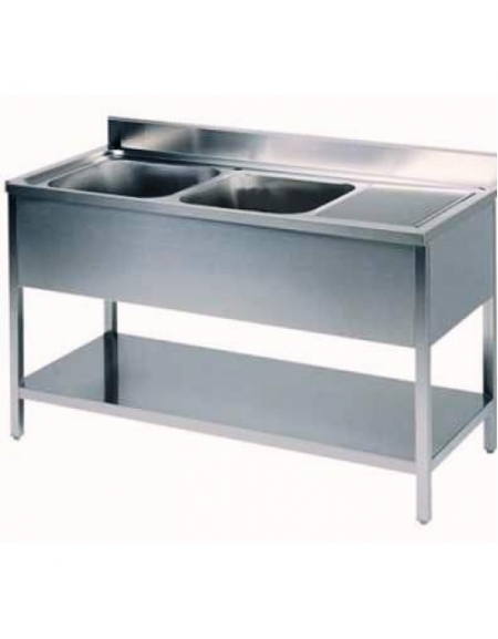 Lavello inox 2 vasche + gocciolatoio destro- Con ripiano di fondo -  Dimensioni cm.180x70x85h - Lavelli con ripiano di fo