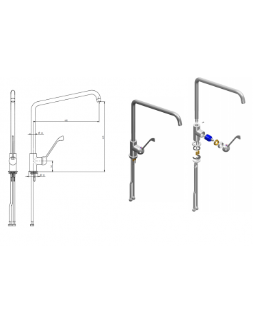 Monoforo a lavello con miscelatore leva lunga, canna Ø mm 24 a "C", leva clinica cromata - mm 400x425h
