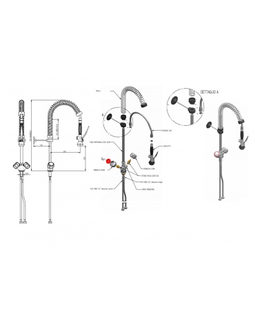 Gruppo doccia prelavaggio monoforo a lavello piccolo con maniglie rotonde - mm 250x580h