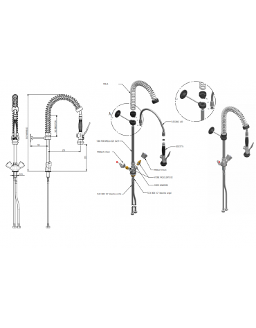 Gruppo doccia prelavaggio monoforo a lavello piccolo con maniglie a Stella - mm 250x580h