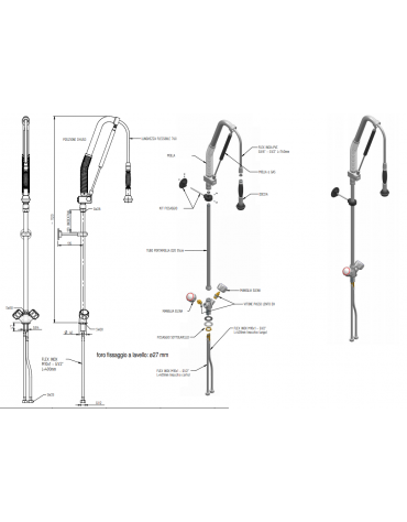 Gruppo doccia prelavaggio monoforo a lavello con doccia acqua-stop e maniglie rotonde - lunghezza flessibile, altezza mm 1120