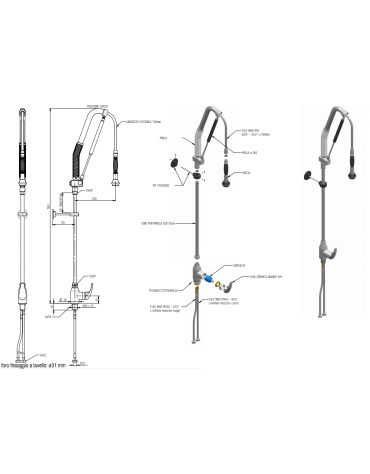 Monoforo a lavello con miscelatore con doccia acqua stop leva corta - lunghezza flessibile, altezza mm 1165