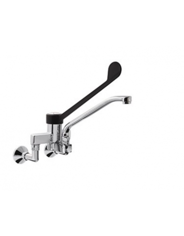 Rubinetto biforo miscelatore a muro con canna girevole mm Ø20x250 e leva clinica in plastica nera - Interasse 155±20 mm 