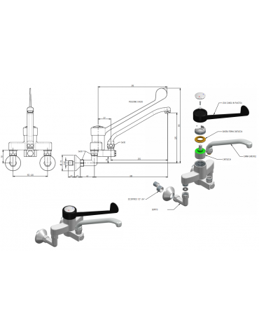 Rubinetto biforo miscelatore a muro con canna girevole mm Ø20x250 e leva clinica in plastica nera - Interasse 155±20 mm 