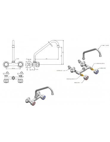Rubinetto biforo a muro con canna a "C" Ø mm 18 e maniglia Rotonde - mm 250x250h