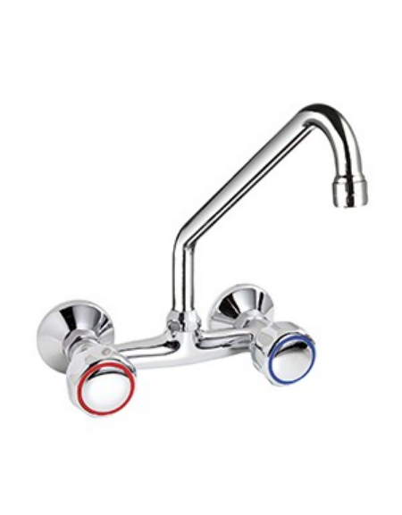 Rubinetto biforo a muro con canna a "C" Ø mm 18 e maniglie Rotonde - mm 300x290h