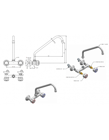 Rubinetto biforo a muro con canna a "C" Ø mm 18 e maniglie Rotonde - mm 300x290h