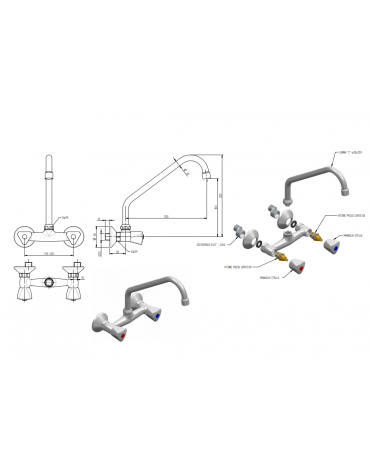 Rubinetto biforo a muro con canna a "C" Ø mm 18 e maniglia a Stella - mm 250x250h
