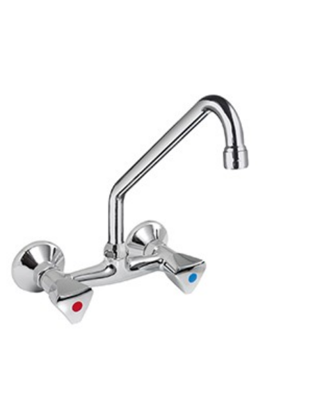 Rubinetto biforo a muro con canna a "C" Ø mm 18 e maniglie a Stella - mm 300x290h