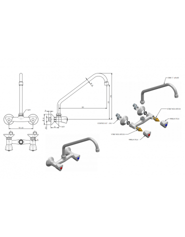 Rubinetto biforo a muro con canna a "C" Ø mm 18 e maniglie a Stella - mm 300x290h