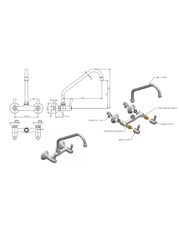 Rubinetto biforo a muro con canna a "C" Ø mm 18 e maniglia a Leva - mm 250x250h