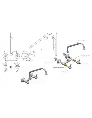 Rubinetto biforo a muro con canna a "C" Ø mm 18 e maniglie a Leva - mm 300x290h