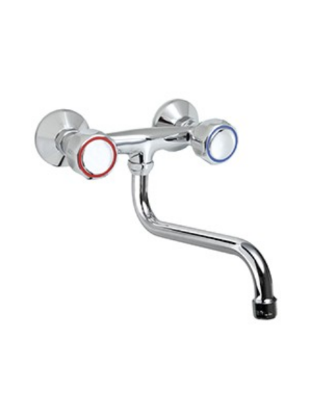 Rubinetto biforo a muro con canna girevole a "S" Ø mm 18 e maniglie Rotonde - mm 220x125h