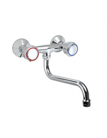 Rubinetto biforo a muro con canna girevole a "S" Ø mm 18 e maniglie Rotonde - mm 300x145h