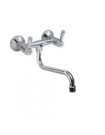 Rubinetto biforo a muro con canna girevole a "S" Ø mm 18 e maniglie a Leva - mm 300x145h