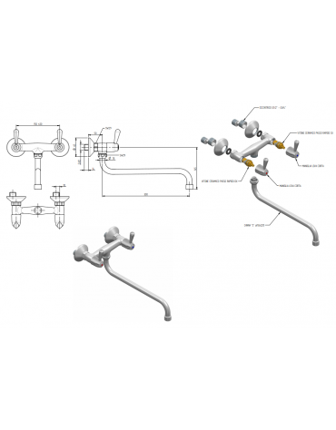 Rubinetto biforo a muro con canna girevole a "S" Ø mm 18 e maniglie a Leva - mm 300x145h