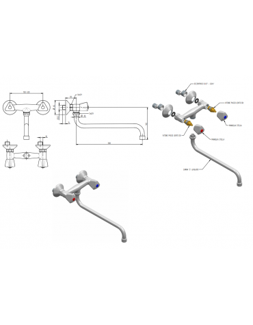 Rubinetto biforo a muro con canna girevole a "S" Ø mm 18 e maniglie a Stella - mm 300x145h