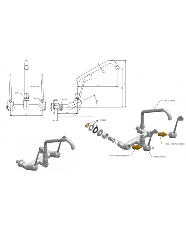 Biforo a muro, canna a "C" Ø mm 20 , leva clinica corta - mm 250x295h