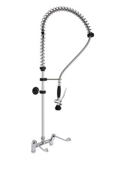 Gruppo doccia prelavaggio biforo a lavello con maniglie a leva clinica e doccetta Basic. Interasse fisso 203,20 mm