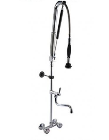 Gruppo doccia prelavaggio biforo a muro sistema acqua-stop con canna “S” a metà asta e maniglie rotonde - mm 300x335h