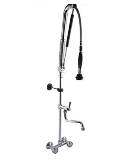 Gruppo doccia prelavaggio biforo a muro sistema acqua-stop con canna “S” a metà asta e maniglie rotonde - mm 300x335h