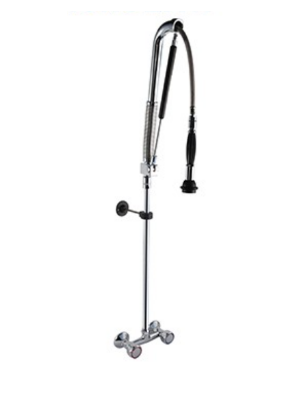 Gruppo doccia prelavaggio biforo a muro con sistema acqua-stop e maniglie rotonde. Interasse mm 150 mm