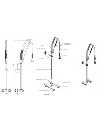 Biforo a muro, maniglie Elena Int. 150 con tubo liscio 55 cm - sistema acqua stop