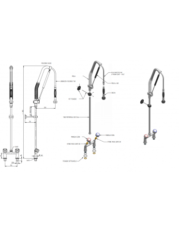 Biforo a lavello con raccordi, maniglie Elena con tubo liscio 55 cm - sistema acqua stop