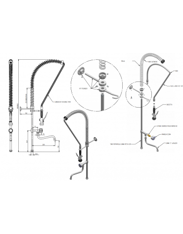 Kit doccia canna a metà asta con molla mm Ø 18, maniglia Elena, flessibile, serie pesante - mm 280x260h