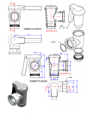 Valvola a farfalla 3", curva 90°, con maniglia - mm Ø 80