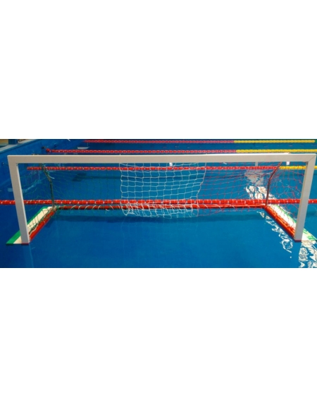 Coppia porte pallanuoto in alluminio regolamentari, con base galleggiante e supporti reggirete posteriori Coppia porte pallanuoto in alluminio regolamentari, con base galleggiante e supporti reggirete posteriori