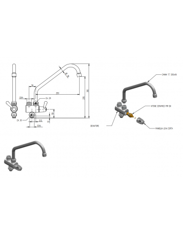 Corpo deviatore con canna a "C", maniglia a Leva - mm Ø 18x250x310h
