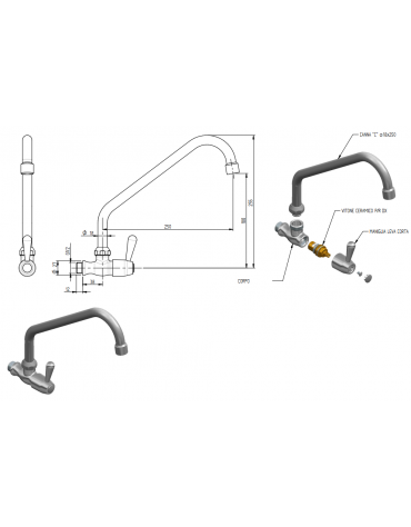 Snodo a muro con canna a "C", maniglia a Leva - mm Ø 18x250x255h