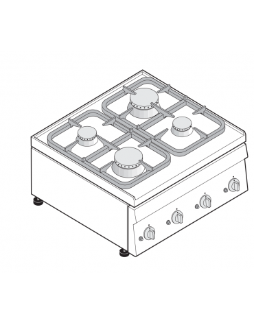 Cucina a gas da banco 4 fuochi, potenza fuochi aperti 2x3kw + 2x3,6kw - cm 70x60x30h