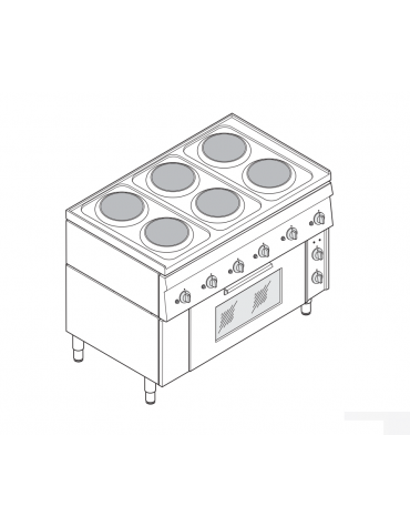 Cucina elettrica trifase-6x2kw, 6 piastre Ø 18, forno elett., camera cm 62x41,5x30,5h ventilato - cm 105x60x85h