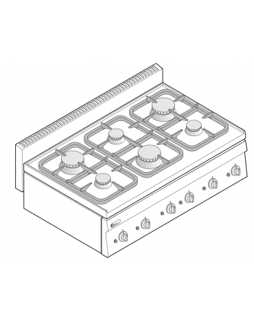 Cucina a gas 6 fuochi da banco, potenza fuochi aperti 3x3,3 + 3x5,2 - cm 105x65x28h