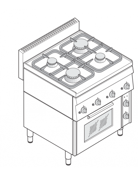 Cucina a gas 4 fuochi su forno elettrico ventilato monofase con camera cm  46x41,5x32h, 1 griglia e 1 teglia - cm 70x65x85h - dinaforniture.it
