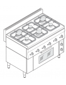 Cucina a gas 6 fuochi su forno ventilato monofase GN1/1, camera cm 46x41,5x32h, 1 griglia e 1 teglia - cm 105x65x85h