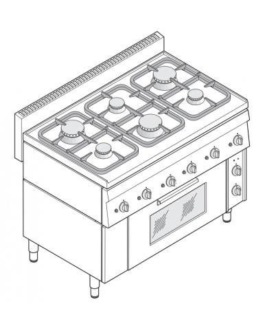 Cucina a gas 6 fuochi su forno ventilato monofase GN1/1, camera cm 46x41,5x32h, 1 griglia e 1 teglia - cm 105x65x85h