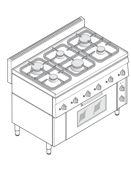 Cucina a gas 6 fuochi su forno elettrico ventilato GN1/1, Potenza fuochi Kw  25,5 - Potenza forno 2,5 kw - cm 105x65x85h - dinaforniture.it