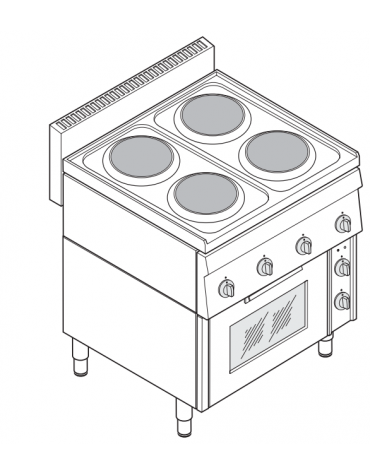 Cucina elettrica trifase-10.5kw, 4 piastre Ø 18, forno elettrico ventilato con camera cm 46x41,5x32h - cm 70x65x85h