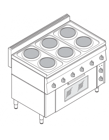 Cucina elettrica trifase-14,5 kw, 6 piastre Ø 18, forno elettrico ventilato con camera cm 62x41,5x32h - cm 105x65x85h