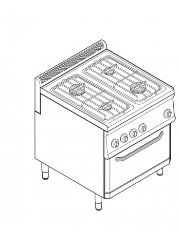 Piano di cottura a gas 4 fuochi, forno a gas GN 2/1, fuochi aperti 2x6+2x3,5n°xkW - cam. forno cm 57,5x65x30 - cm 70x70x85h