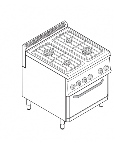 Piano di cottura a gas 4 fuochi, forno elettrico GN 2/1, fuochi aperti 2x6+2x3,5n°xkW - cam. forno cm 57,5x65x30 - cm 70x70x85h