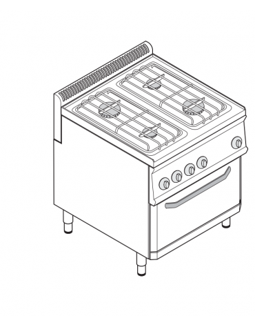 Piano di cottura a gas 4 fuochi, forno elett. vent. GN1/1, fuochi aperti 2x6+2x3,5n°xkW - cam.forno cm 57,5x65x30 - cm 70x70x85h